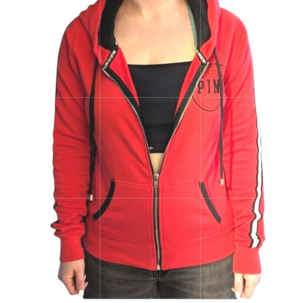 PINK Victoria's Secret Limited Edition Red Zip Hoodie XS | White & Black Stripe - Picture 4 of 11